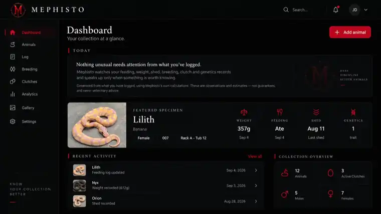 Mephisto dashboard showing animal records, recent activity and collection overview.